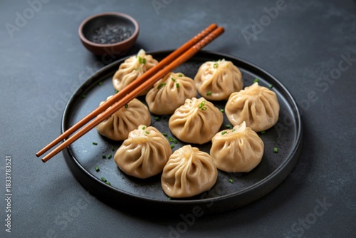 Steamed dumplings served on a dark plate with chopsticks and dipping sauce