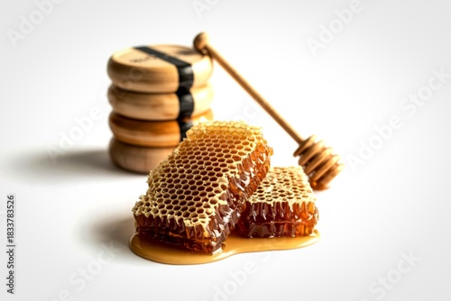 Sweet honeycomb and biscuits with a wooden honey dipper