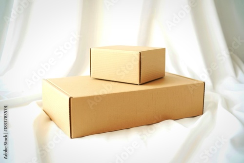 Two cardboard boxes stacked on a white fabric background