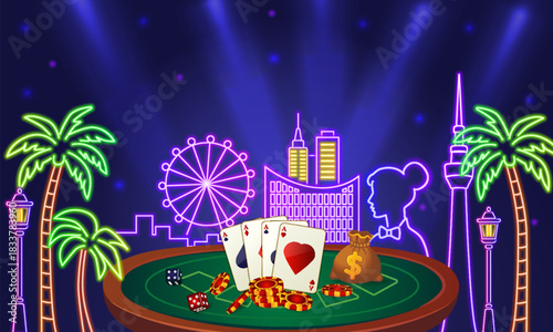 Casino vector illustration. Gambling design with neon lights. Game design, flyer, poster, banner, advertisement.