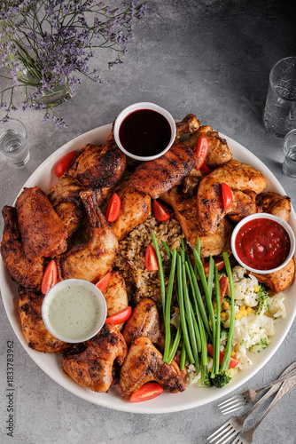 Hearty gathering featuring fiery roasted wings and fragrant rice