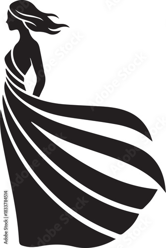 Silhouette of a woman in a long dress isolated on white background
A striking silhouette of a woman in a flowing dress. The image captures the essence of feminine elegance and style, perfect for fashi