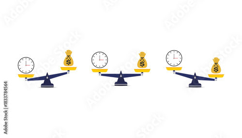 Three sets of balance scales weighing clocks against bags of money, illustrating the time-money tradeoff and resource management choices.