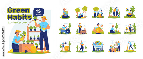 Green Habits Eco-Friendly Living Vector Illustration Set