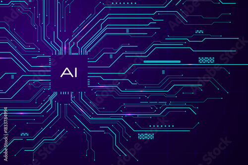 AI Artificial Intelligence chipset on circuit board in futuristic concept suitable for future technology artwork  Web Banner Abstract background  High tech technology geometric and connection system