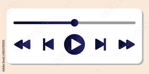 Music or video play bar icon on white background. Audio player for songs or podcast playlist. Loading bar with time slider, pause, rewind and fast forward buttons