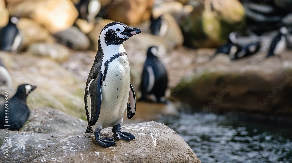 Obraz premium A single penguin stands on a rock near a group of other penguins in a rocky enclosure, with water visible in the background.