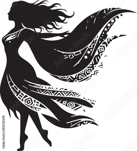 Silhouette of a woman dancing with patterned fabric flowing around her
A striking silhouette of a woman in motion, her form accentuated by flowing fabric adorned with intricate patterns, evokes a sens