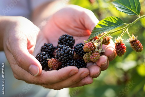 Hands holding freshly picked ripe blackberries from a bush