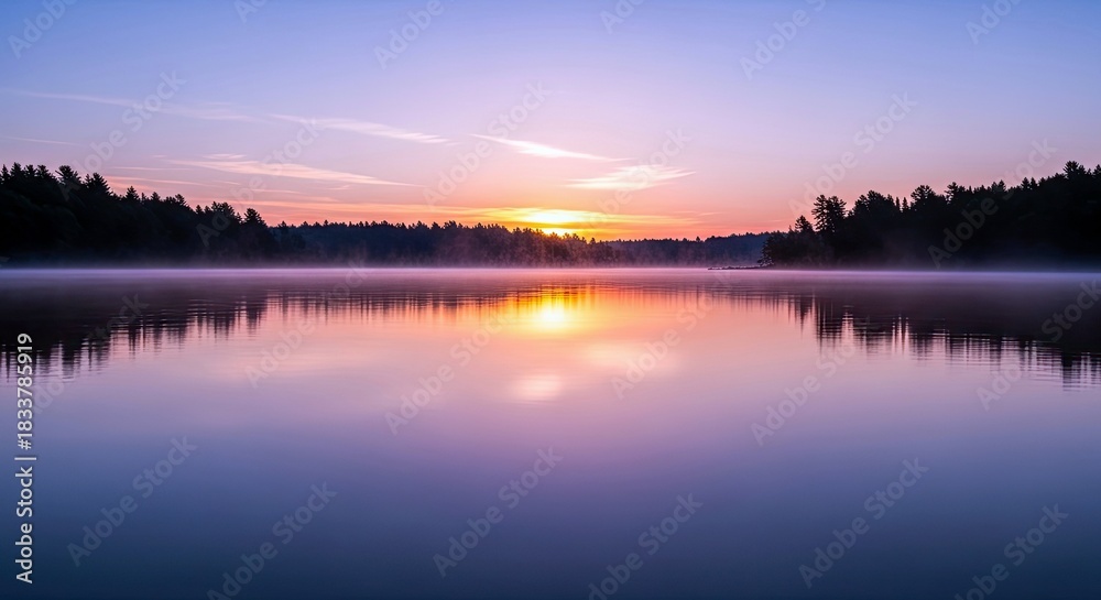 Fototapeta premium A tranquil lake scene at sunrise with the sun reflecting on the water. Trees line the horizon, and the sky is filled with vibrant colors.