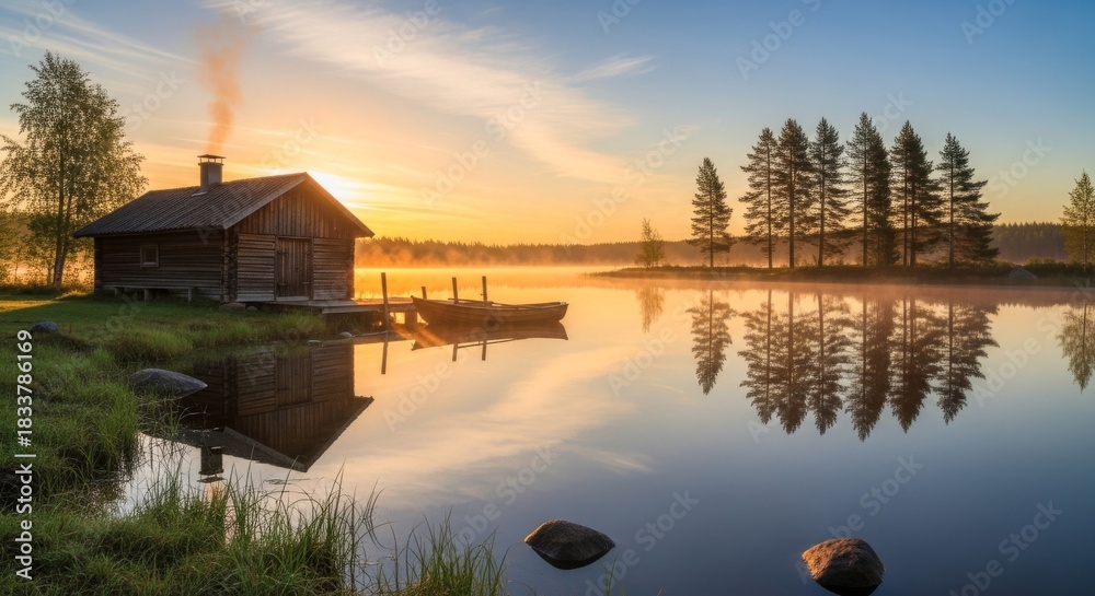 Fototapeta premium Idyllic Finnish Lakeside Cabin at Sunset - A Serene Retreat.