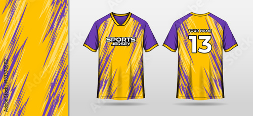 Mockup sport jersey template with yellow and purple abstract background