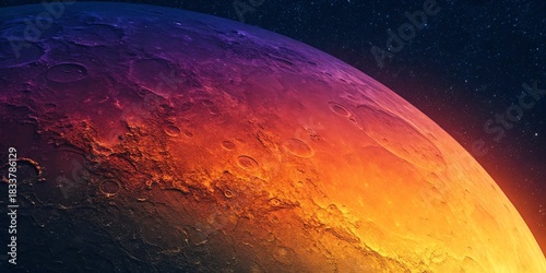 Colorful alien planet surface with craters in a star-filled cosmos