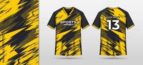 Mockup sport jersey template with black and yellow abstract background