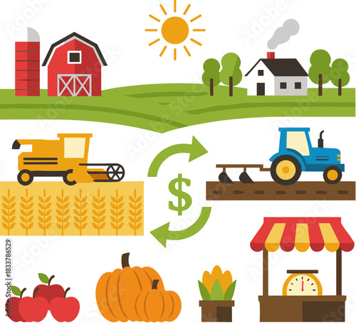 Comprehensive set of flat design farming and agriculture icons.