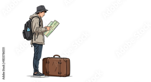 Lost in Wanderlust An Illustration of a Traveler Navigating a Map with Luggage, Embarking on an Exciting Journey and Discovering New Horizons