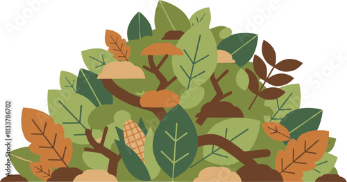 A flat vector illustration of a pile of autumn leaves branches and mushrooms.