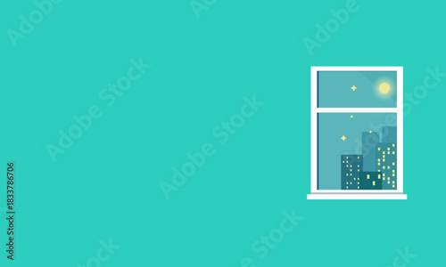 Illustration vector graphic of a window frame with moon and city lights at night, perfect for interior banners, room backgrounds, and designs needing large copy space.