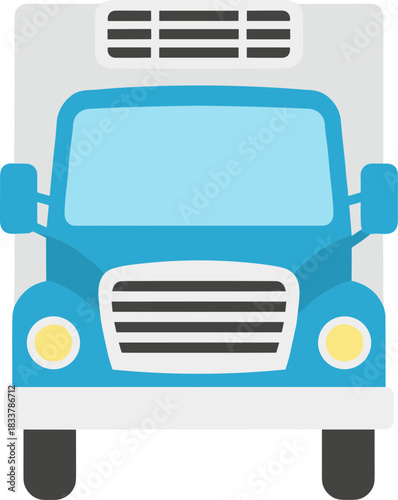 Blue refrigerated truck front view flat vector icon.