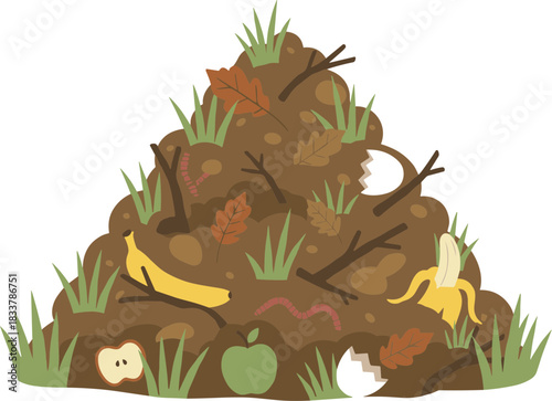 Organic garden compost pile with food scraps and yard waste.