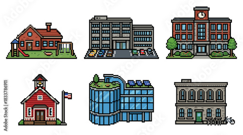 A collection of six pixel art illustrations of various buildings, including a house with a playground, an office building, a schoolhouse, a modern eco-friendly building, and a traditional institutiona