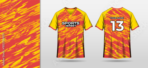 Mockup sport jersey template with red and yellow abstract background