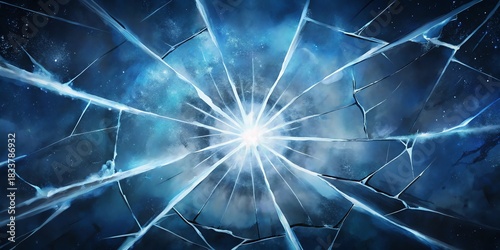 Shattered blue ice surface with central bright light burst effect