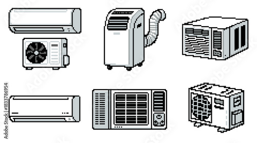 A collection of six different air conditioning units illustrated in a pixel art style.