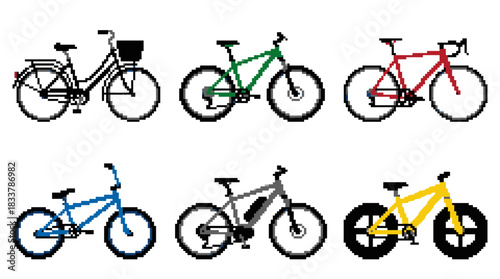 A collection of six distinct bicycle types, including city, mountain, road, BMX, electric, and fat bikes, displayed in various colors.