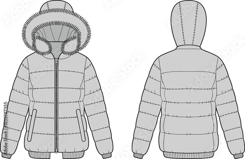 Fashion flat sketch of a grey puffer jacket with fur-lined hood and zipper closure drawing