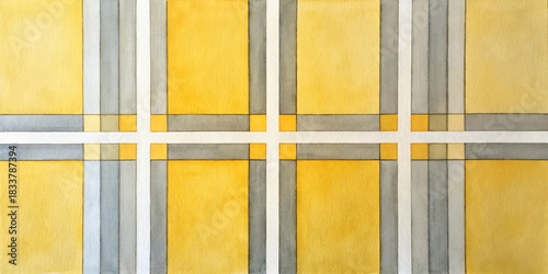 Abstract geometric pattern with yellow, grey, white rectangles