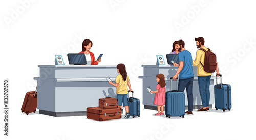 Family Check-in at Airport Counter for a Pleasant Travel Experience with Luggage and Tickets