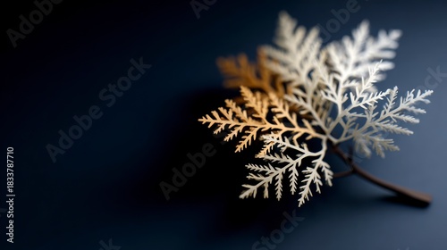 Delicate dried fern frond with intricate leaf structure on a dark background
