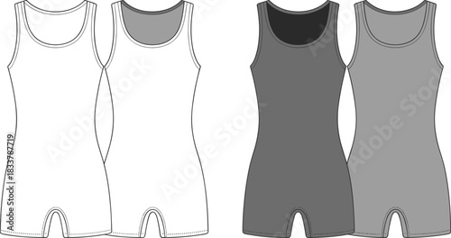 Flat fashion illustration of two sleeveless leotards in white and grey colors, front and back views bodysuit