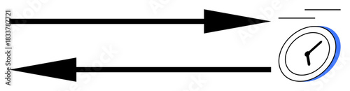 Time management, relativity, progress, direction, balance, decision-making. Black arrows pointing in opposite directions with a minimalist clock design. Time management and relativity concept