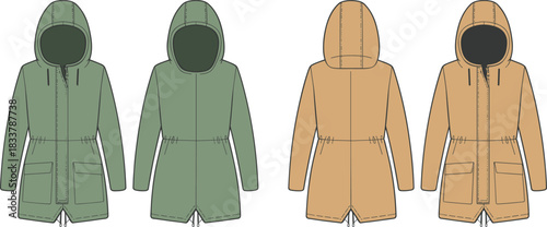 Flat fashion illustration of two hooded parkas in green and tan colors, front and back views jacket coat