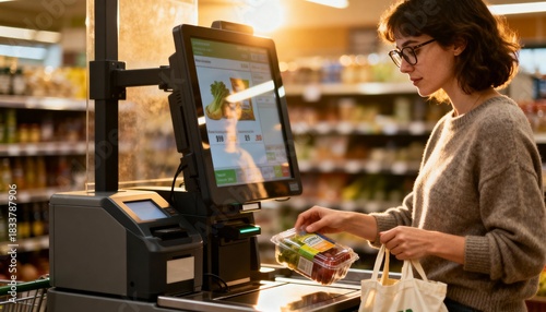 female purchasing with card and bags, individual using selfcheckout station with shopping bag nearby, female customer engaged in selfservice checkout process with grocery items and payment method
