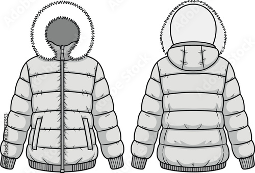 Front and back view of a gray puffer jacket with a fur-lined hood winter jacket coat
