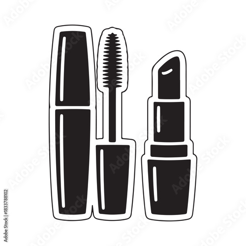 Black and white illustration of mascara and lipstick makeup products