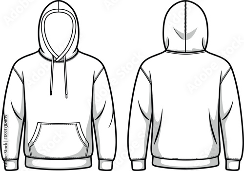 Front and back view of a white hooded sweatshirt with a kangaroo pocket hoodie front view