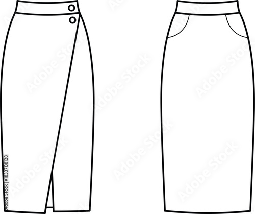 Front and back view of a white pencil skirt with pocket detail front view clothing