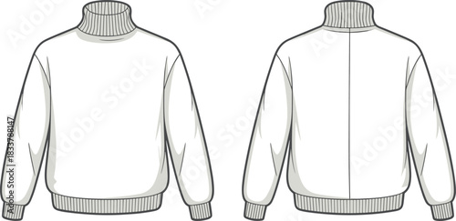Front and back view of a white turtleneck sweater with ribbed cuffs and hem long sleeve shirt knitwear
