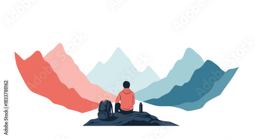 A solitary hiker rests during a mountain travel adventure, contemplating the scenic landscape view. This vector illustration symbolizes freedom and exploration