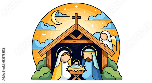 Nativity scene cartoon vector illustration of holy family with baby Jesus