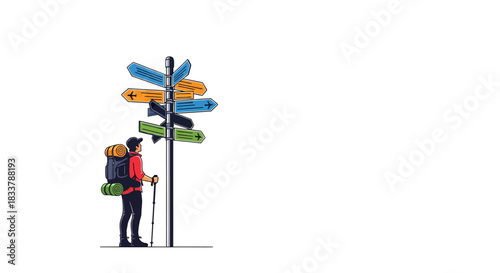 A hiker contemplating multiple directional signs, symbolizing travel choices and decision-making in a vast landscape, embracing the adventure of travel