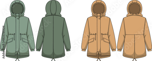 Two Green and Two Tan Parka Jackets Front and Back Views outerwear winter coat