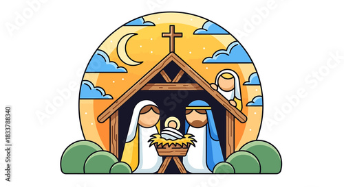 Nativity scene cartoon vector illustration of holy family with baby Jesus