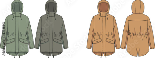 Two Green and Two Tan Parka Jackets Front and Back Views outerwear winter coat