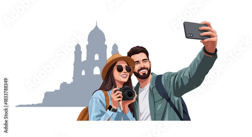 A joyful couple captures precious memories on their exciting travel adventure, taking a perfect selfie against a majestic landmark backdrop