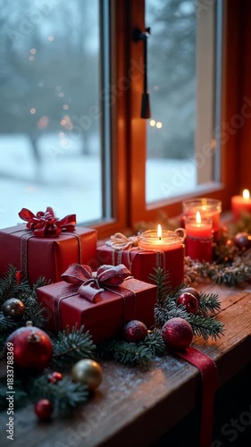 Cozy christmas decoration with festive candle and red gift by window creating warm, peaceful winter holiday mood